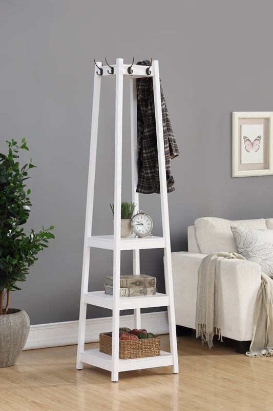 White wood coat rack with shelves holding decorative items