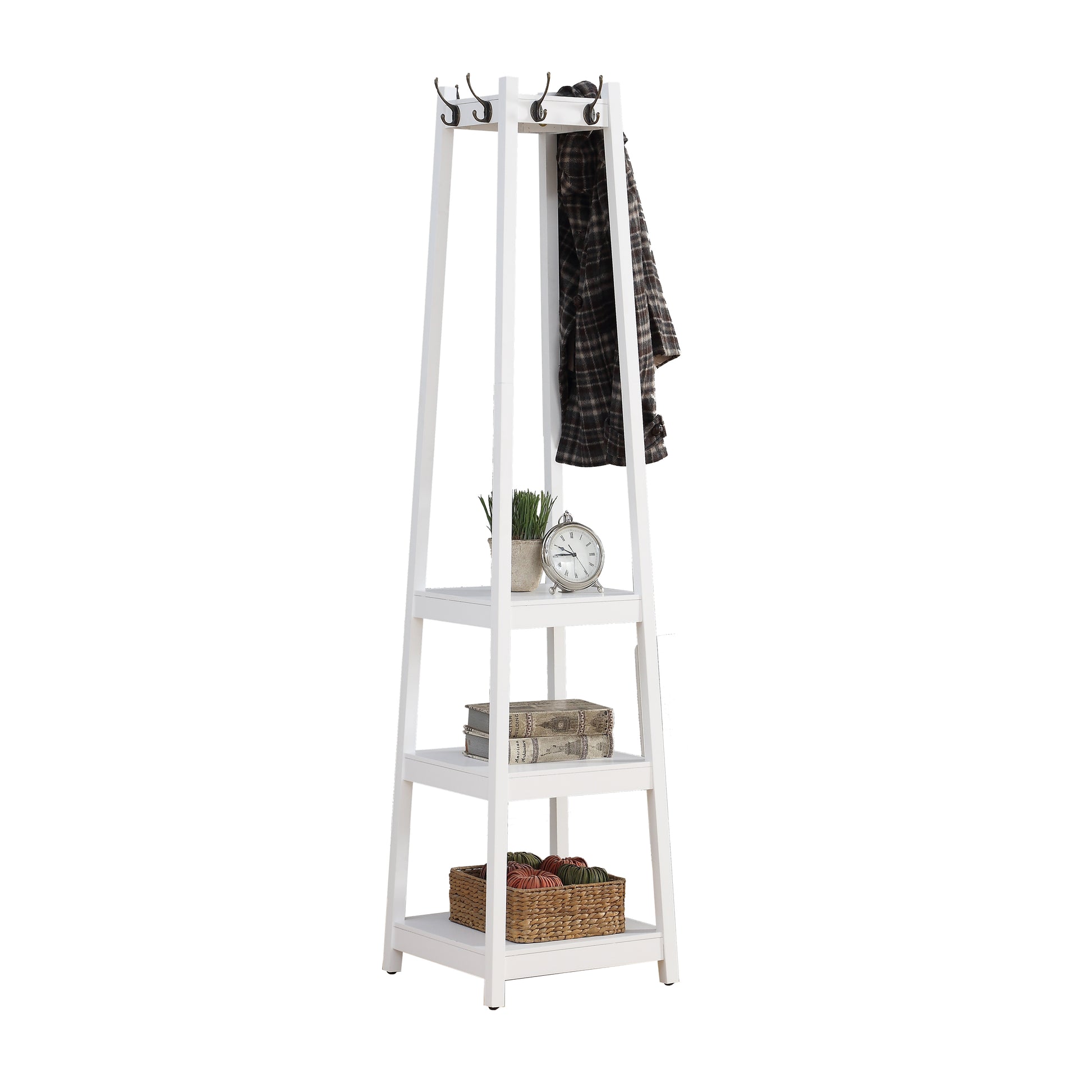 White coat rack with hooks and three shelves