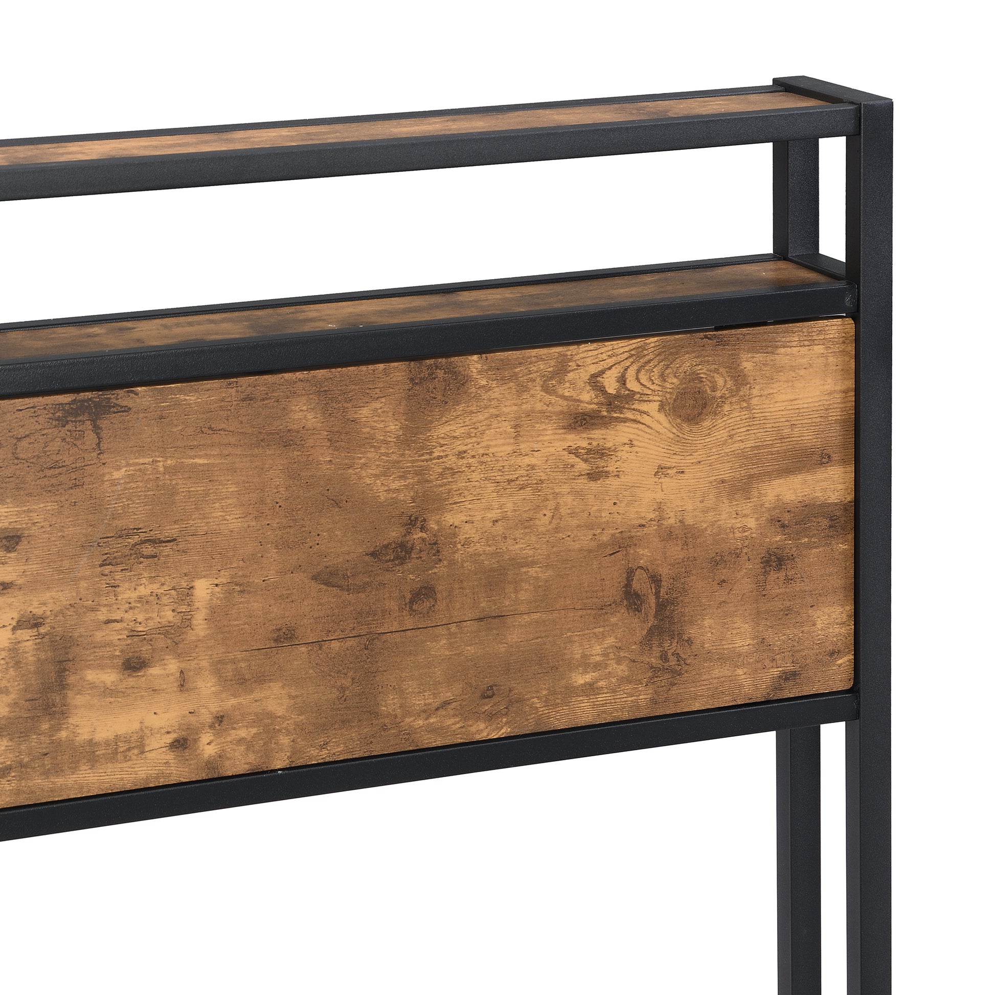 Rustic brown wood shelf with black metal frame