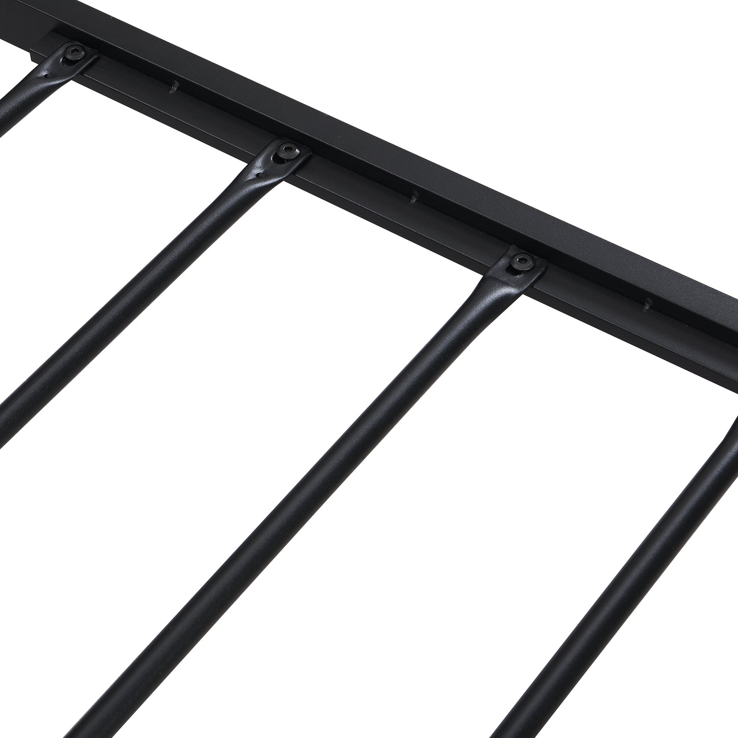 Closeup of black metal bed frame slats