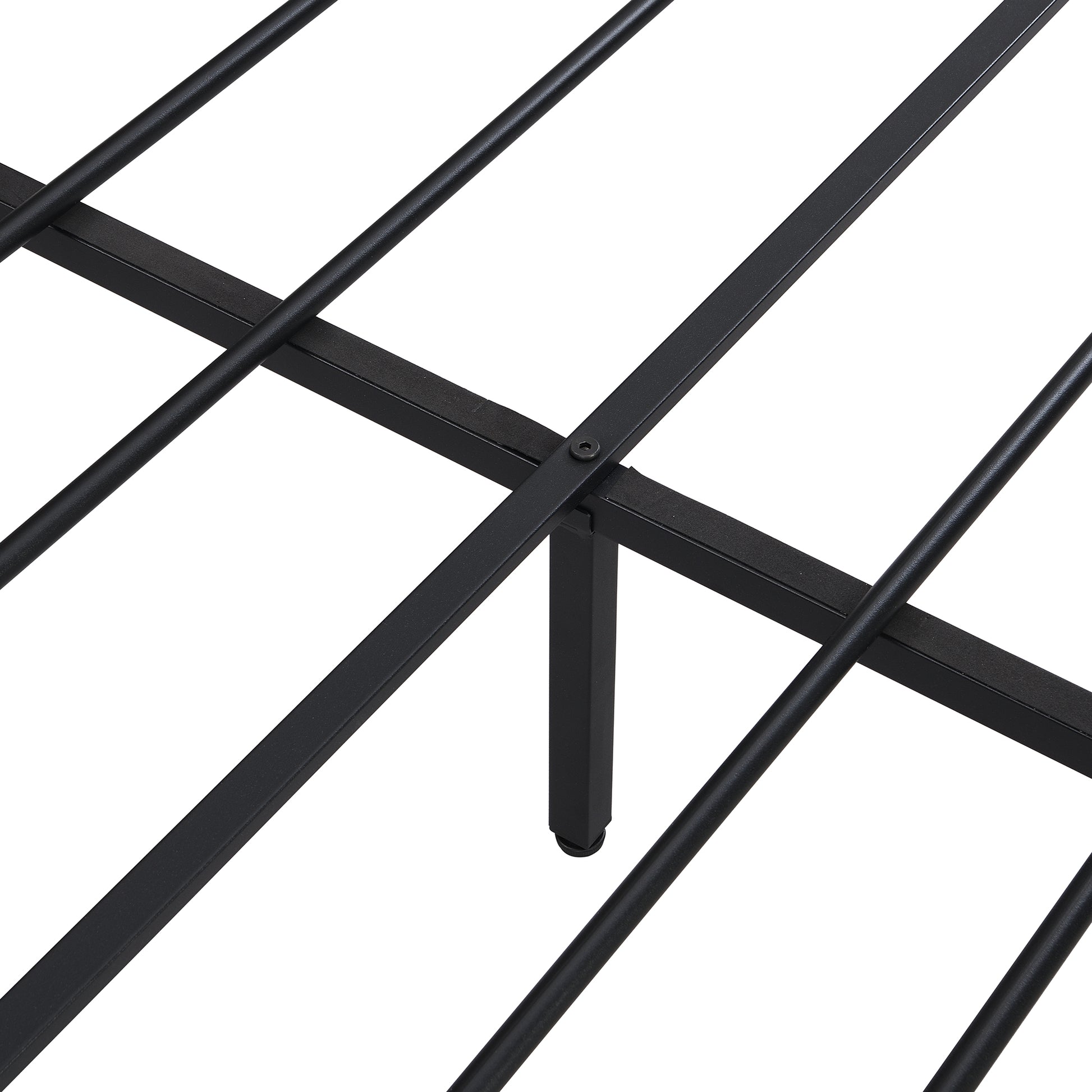 Black metal bed frame with sturdy cross slats for mattress support