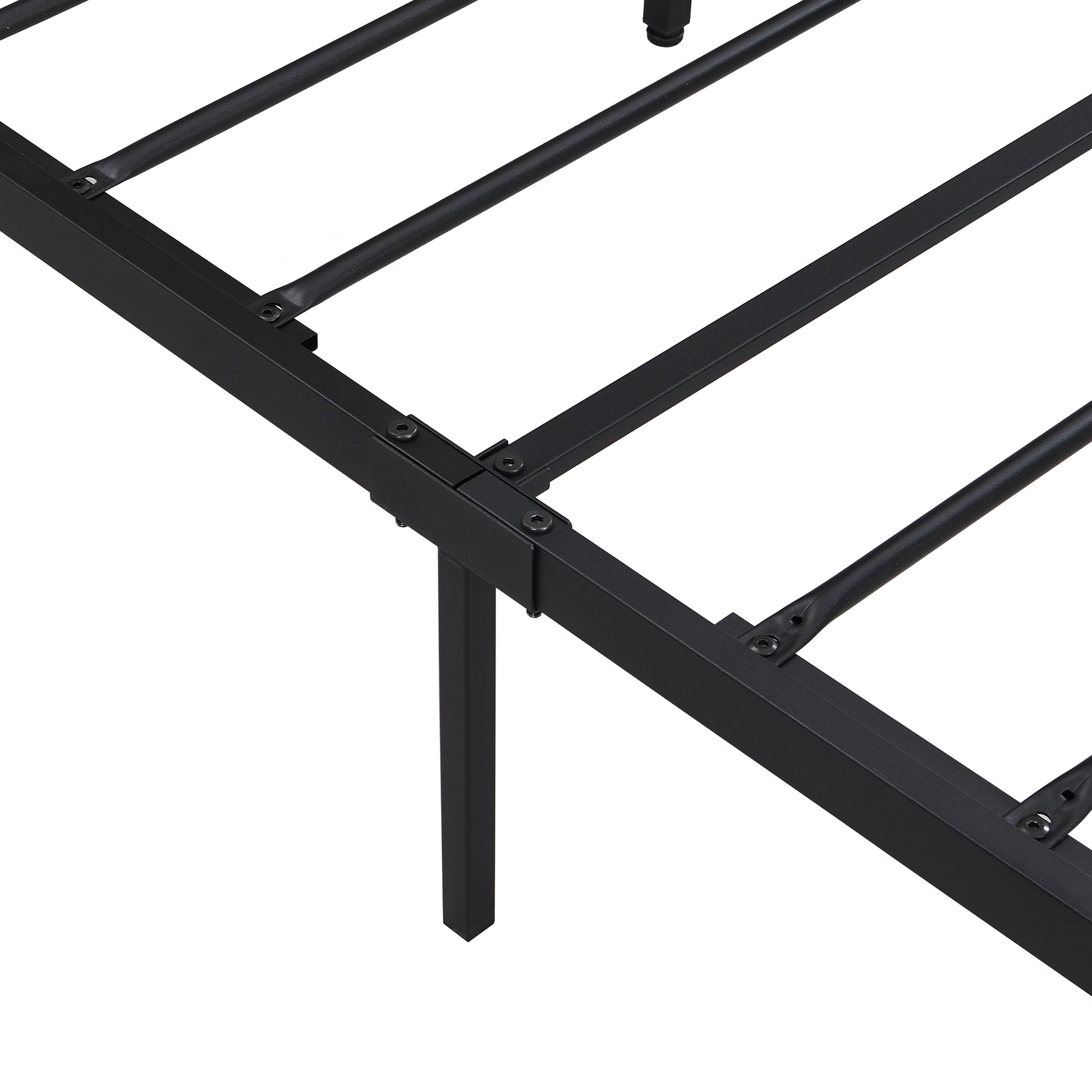Black metal bed frame with sturdy support slats