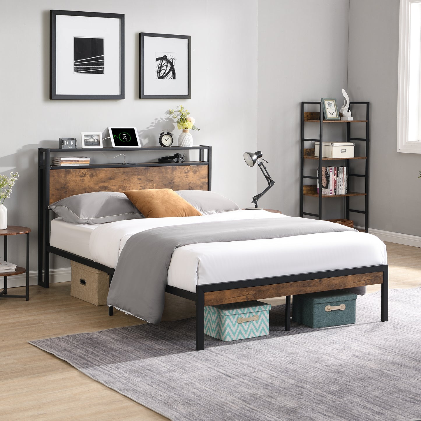 Rustic wood and black metal platform bed with builtin headboard shelf