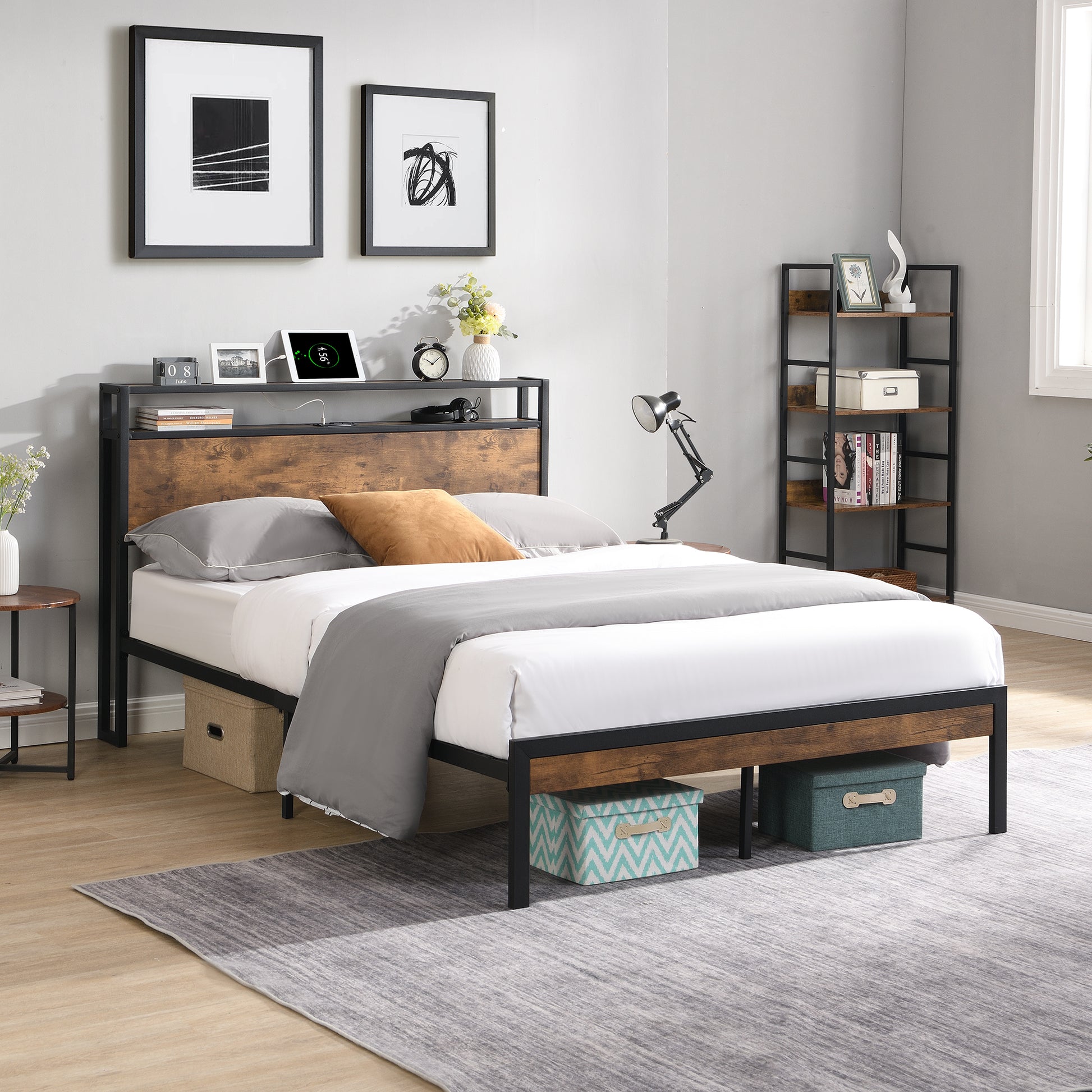 Rustic wood and black metal platform bed with builtin headboard shelf