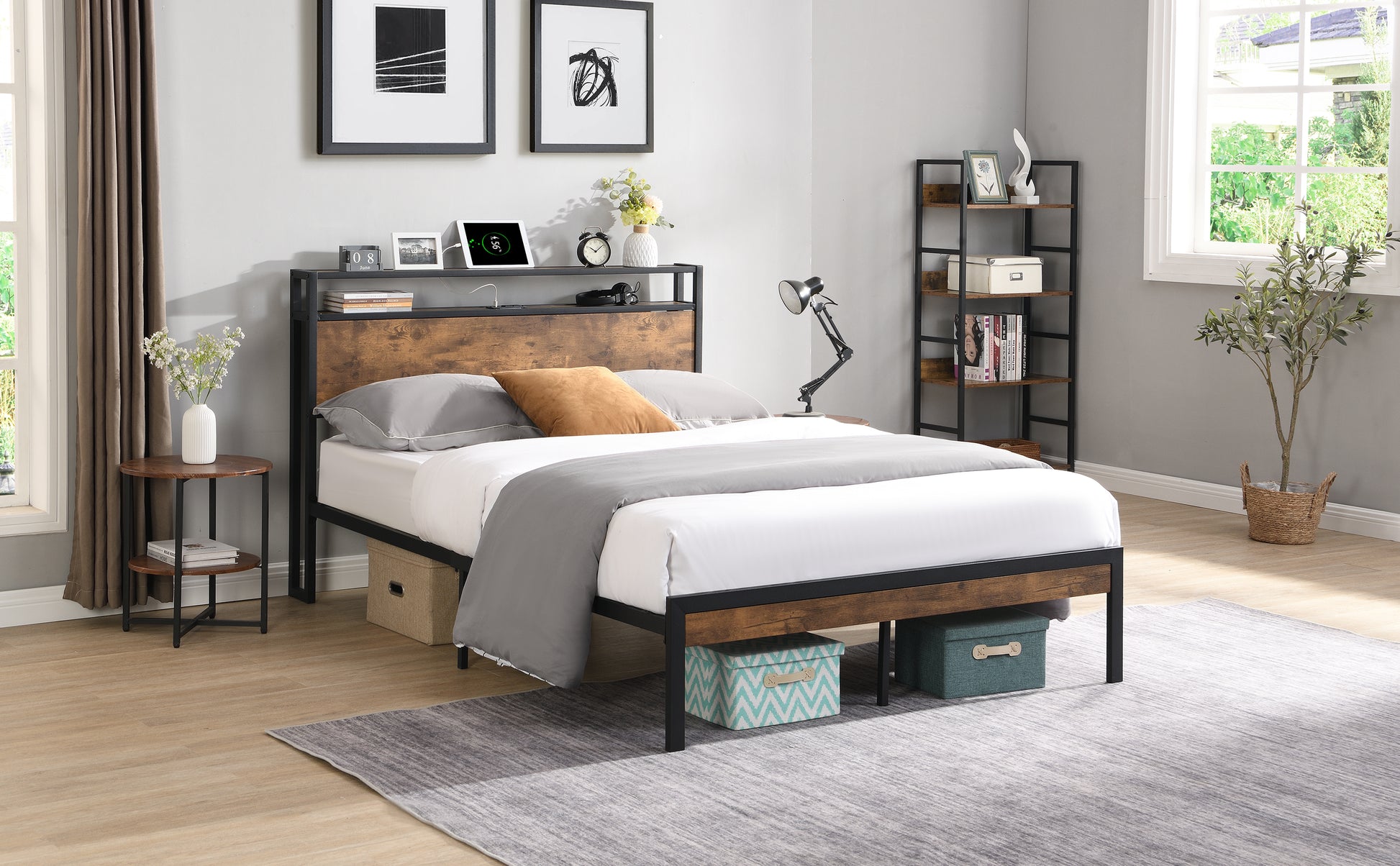Rustic wood and black metal queen platform bed with builtin headboard shelf