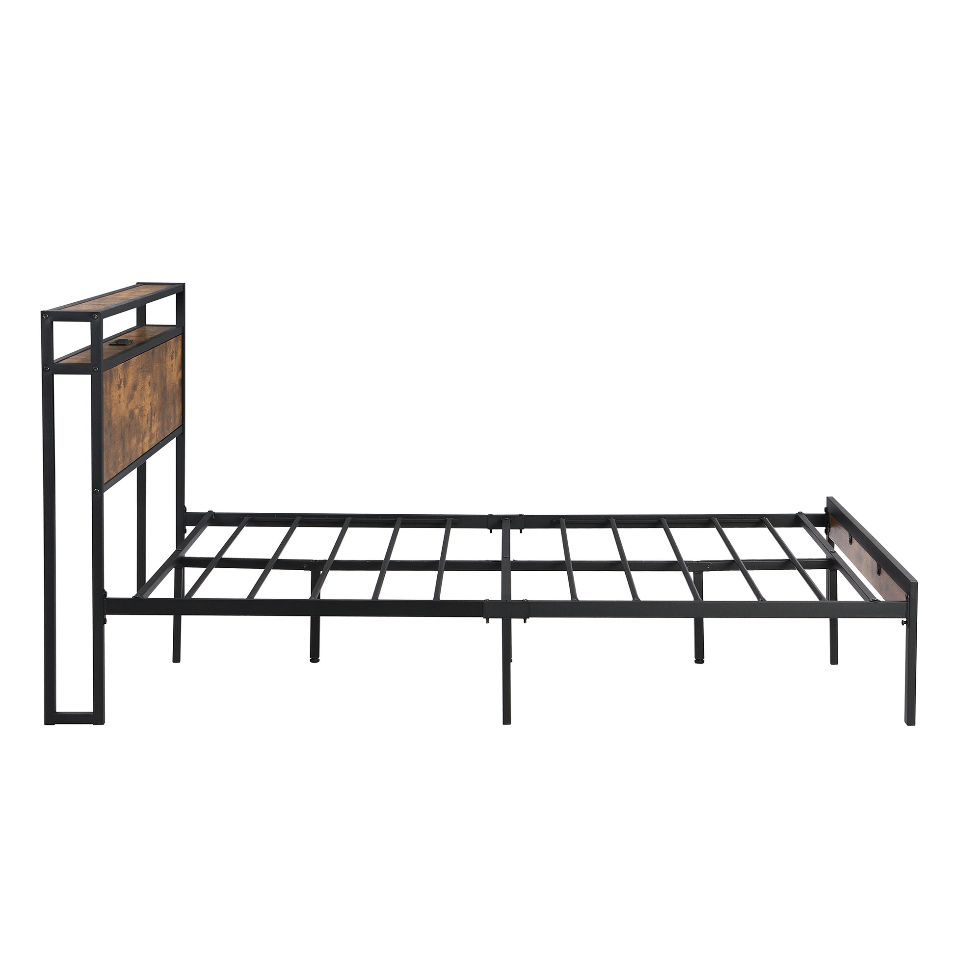 Rustic wood and black metal queen bed frame with headboard shelves