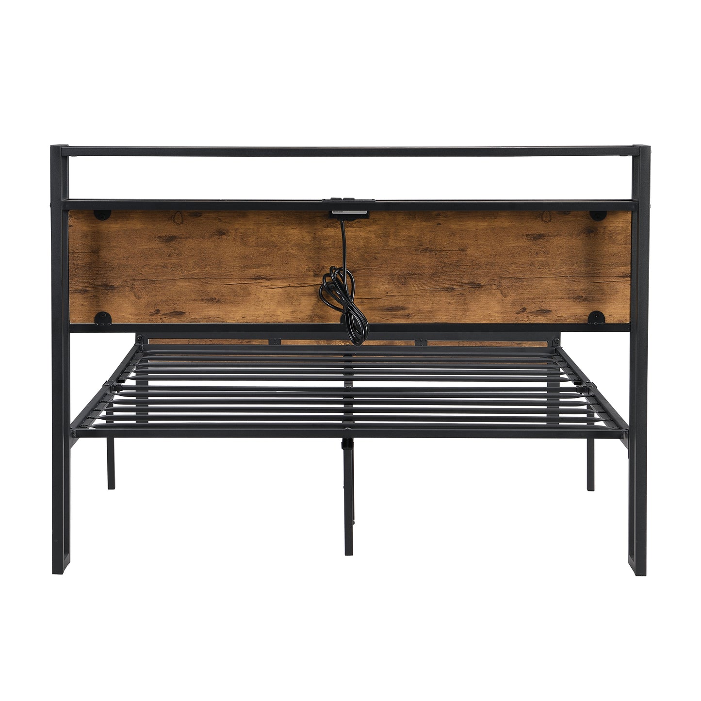 Industrial style metal bed frame with wood headboard and charging ports
