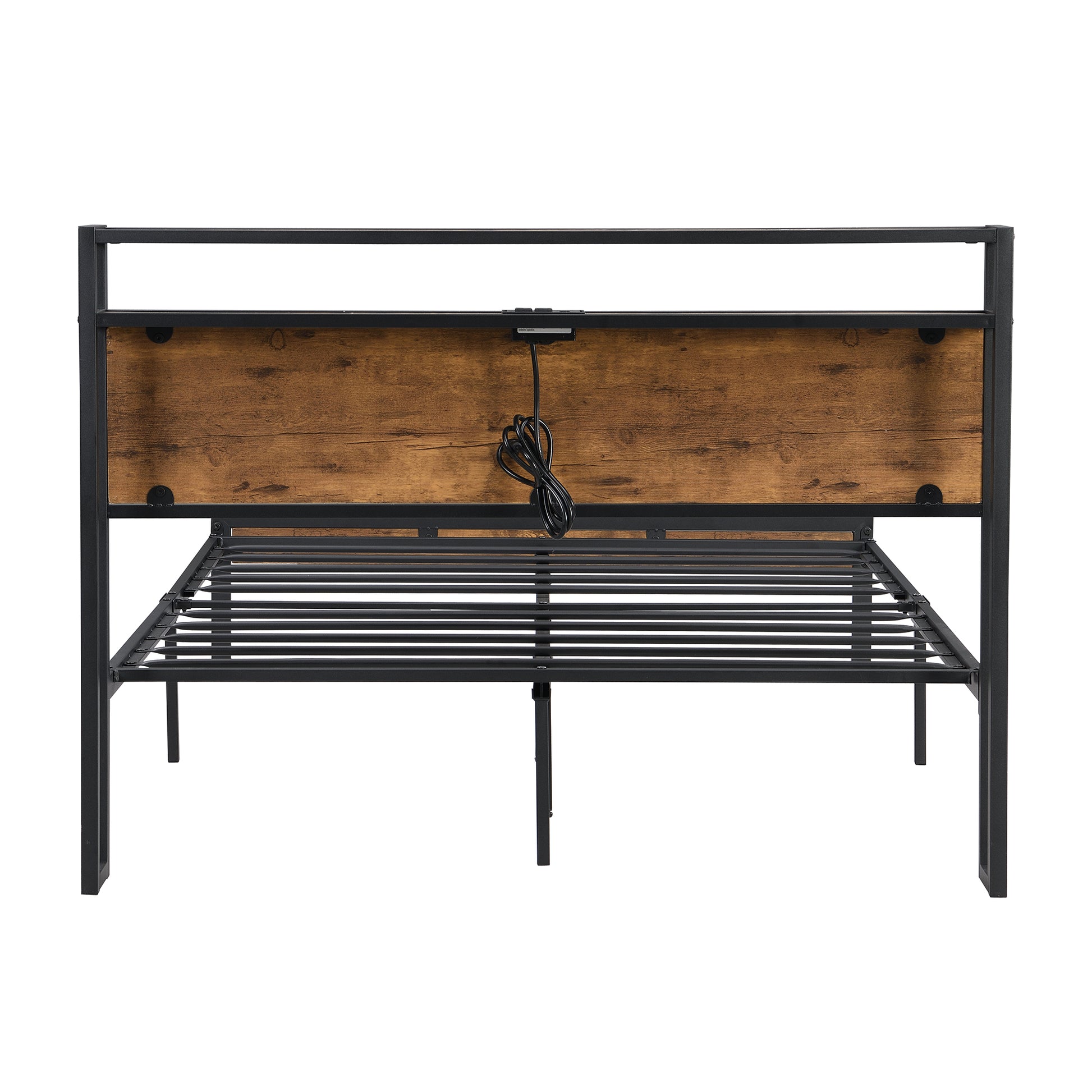 Industrial style metal bed frame with wood headboard and charging ports