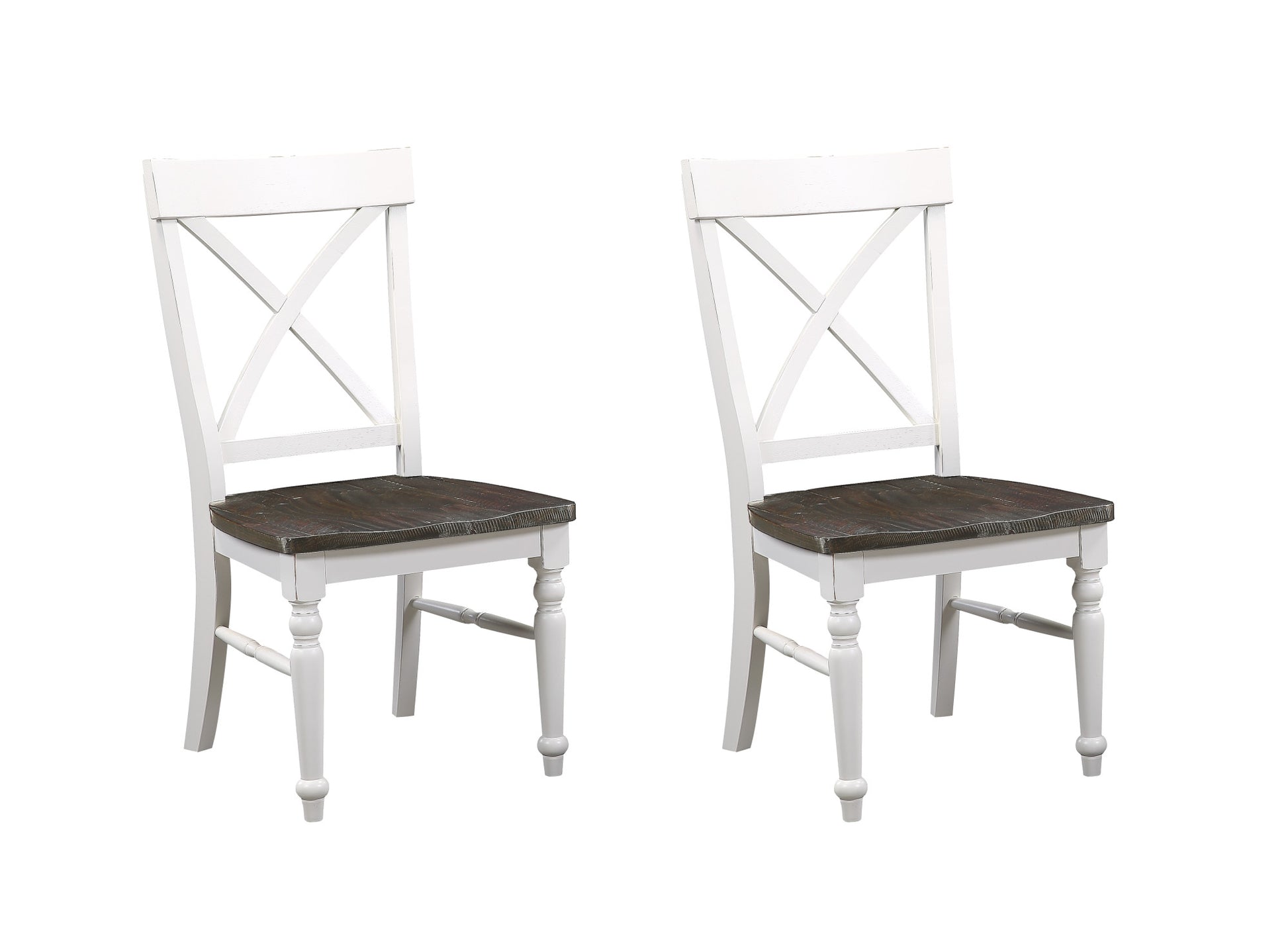 Pair of distressed wood dining chairs with white distressed frames and Xback design