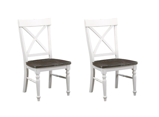 Pair of distressed wood dining chairs with white distressed frames and Xback design