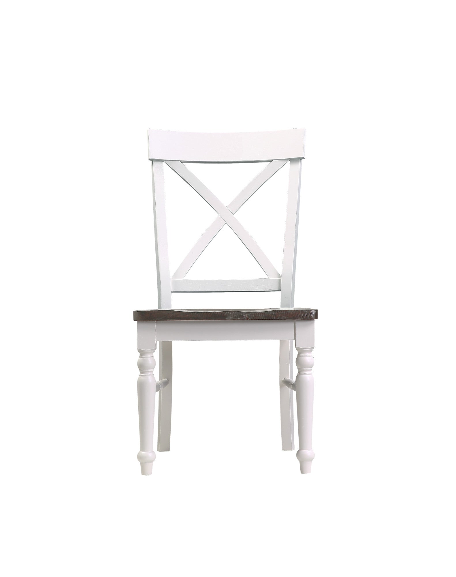 White farmhouse dining chair with dark wood seat and Xback