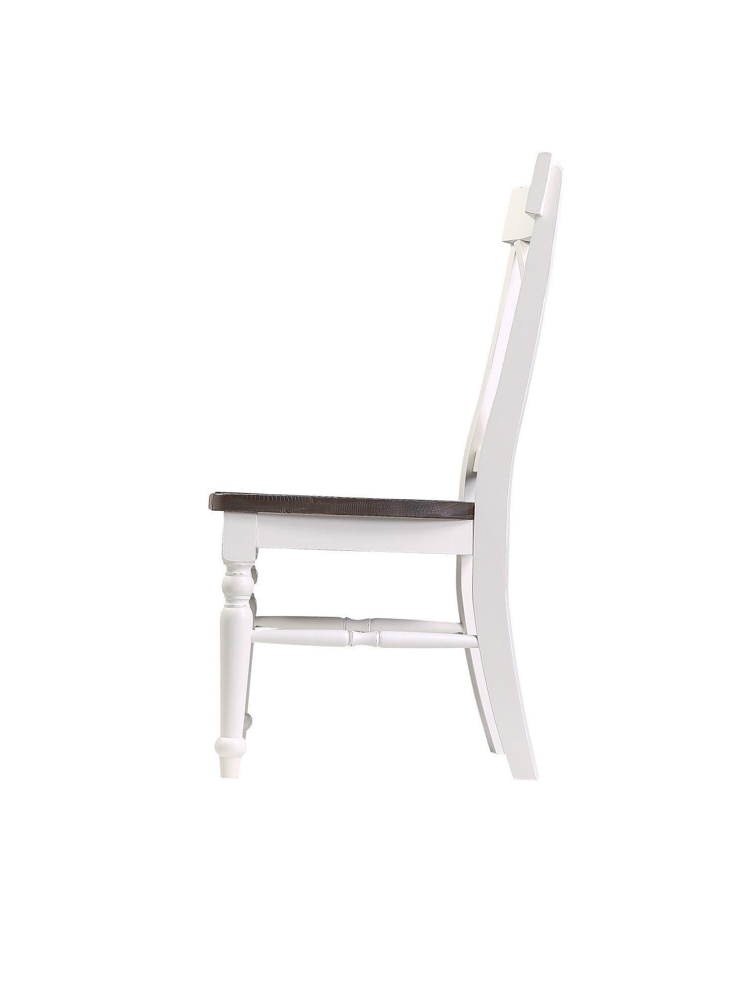 White wooden dining chair with dark upholstered seat side view