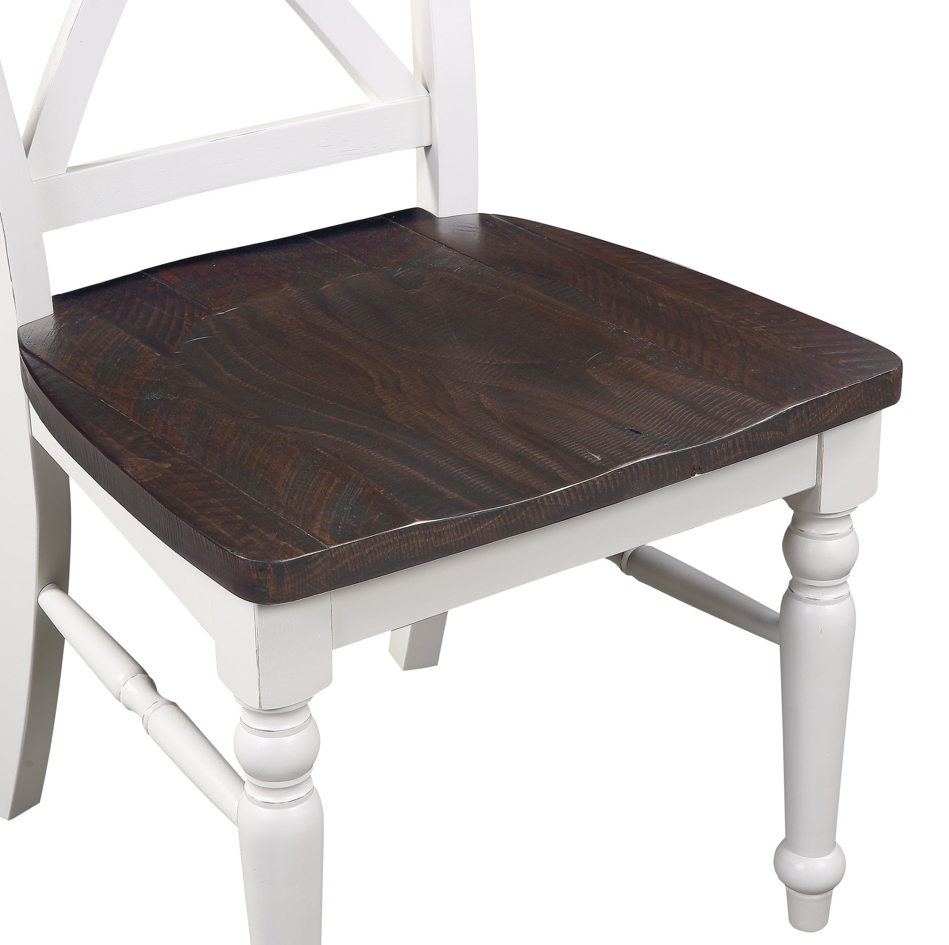 White distressed wood frame counter stool with dark stained seat