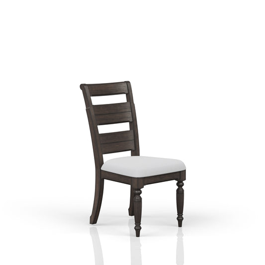 Dark brown wooden dining chair with white upholstered seat and slatted back