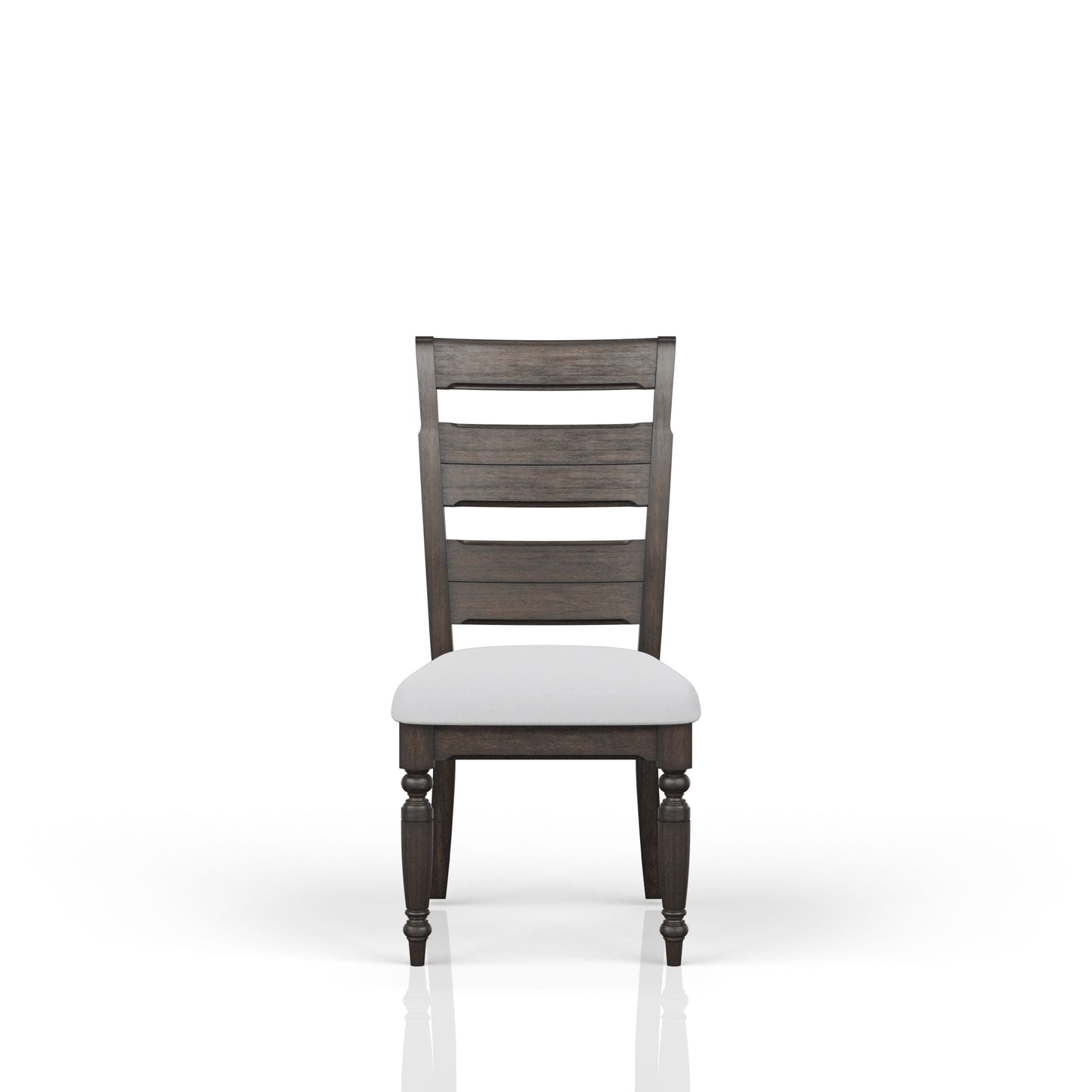 Dark wood dining chair with white upholstered seat and horizontal slatted back