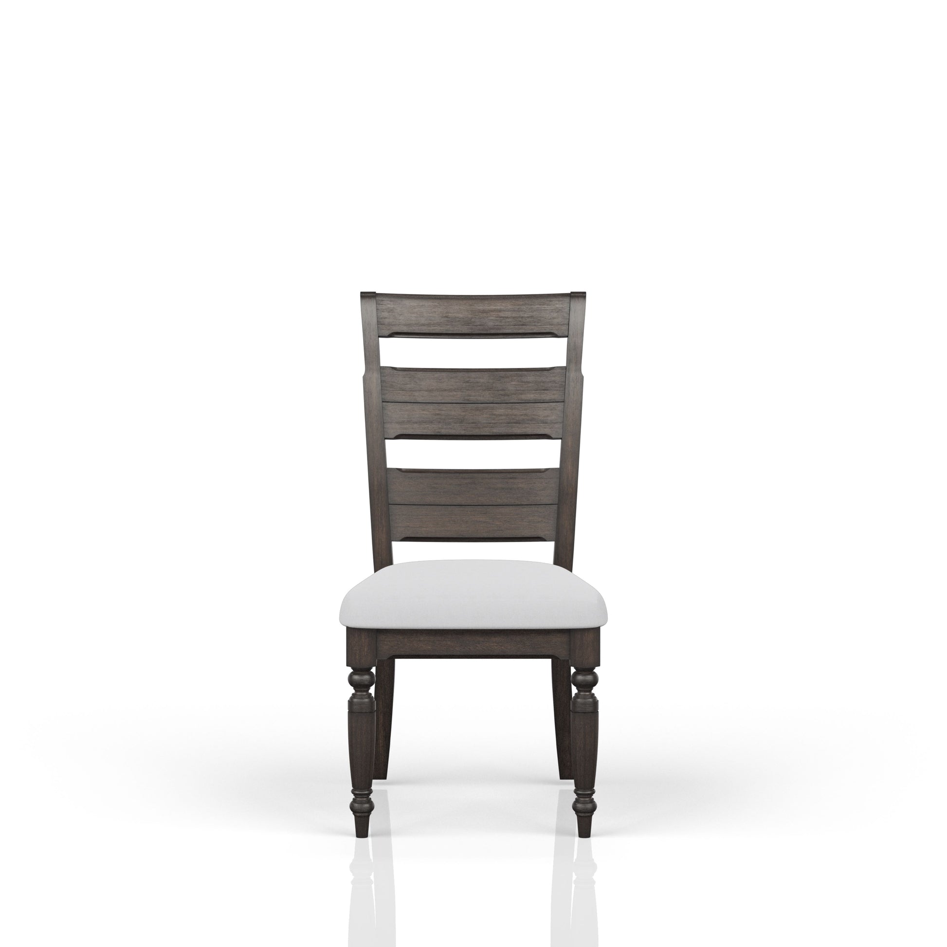 Dark wood dining chair with white upholstered seat and horizontal slatted back