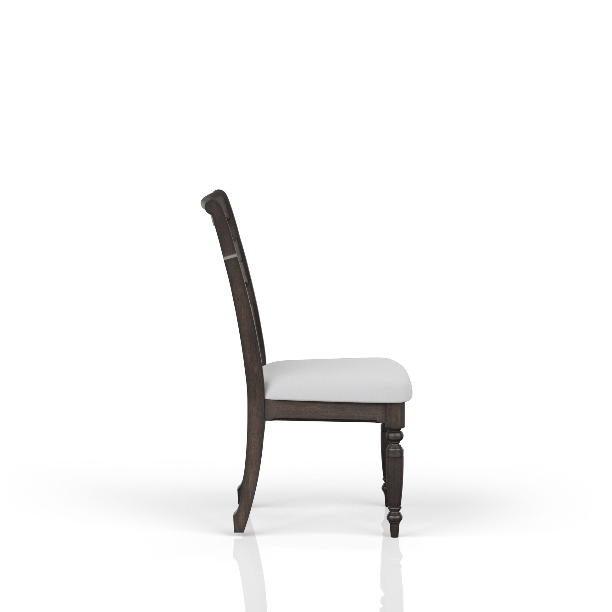 Dark wood dining chair with upholstered white seat and turned legs