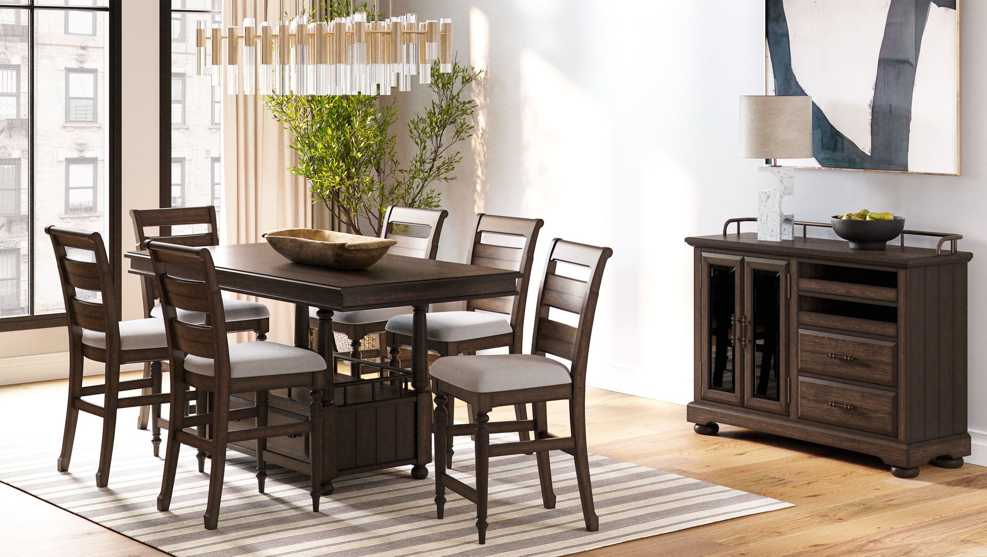 Dark wood bar height dining set with six upholstered chairs