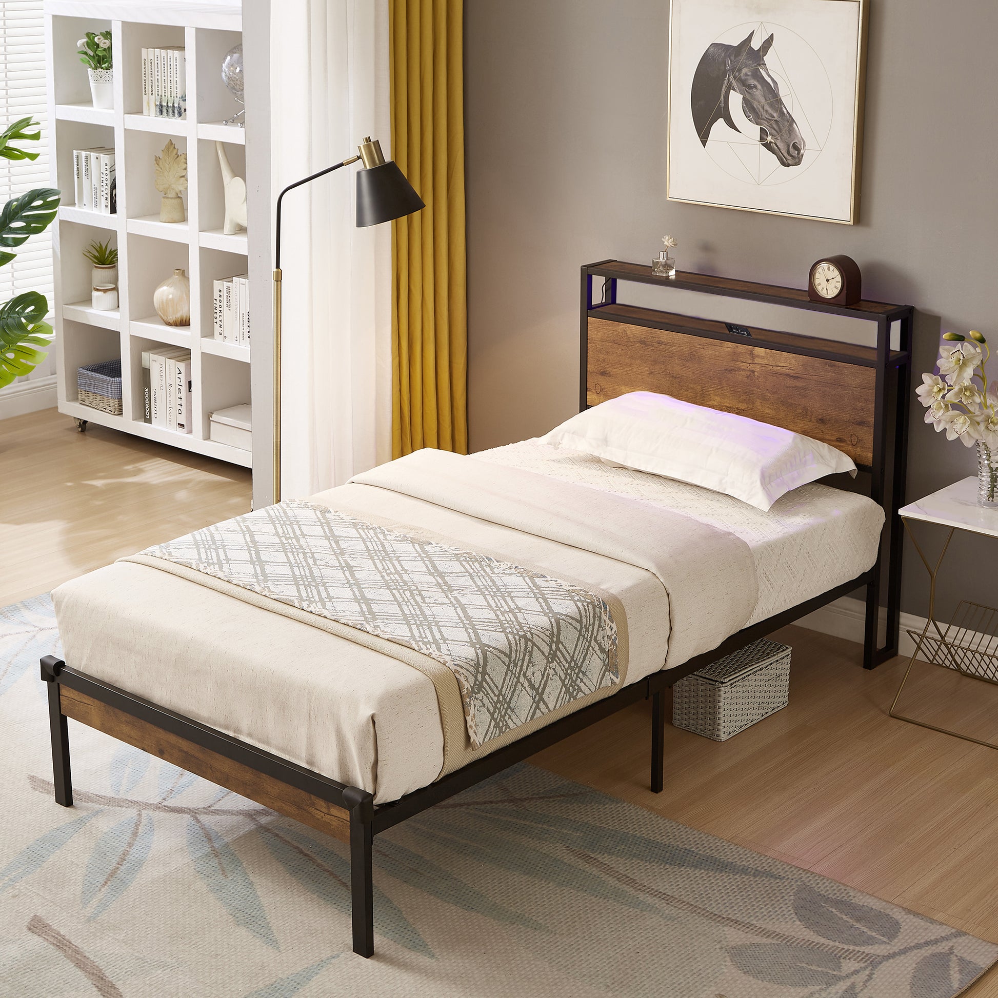 Rustic wood and metal twin bed frame with integrated headboard shelf