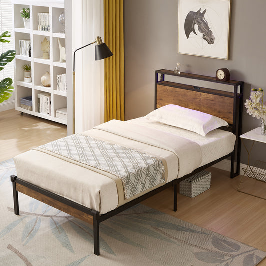 Rustic wood and metal twin bed frame with integrated headboard shelf