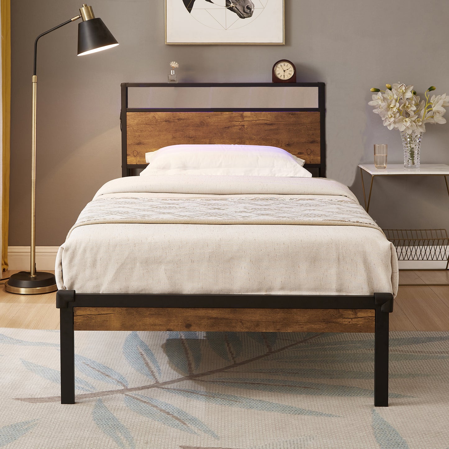 Rustic wood and black metal twin bed frame with builtin headboard shelf