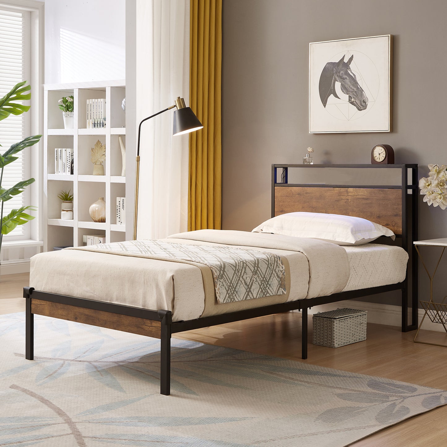 Rustic wood and black metal twin bed frame with builtin headboard shelf