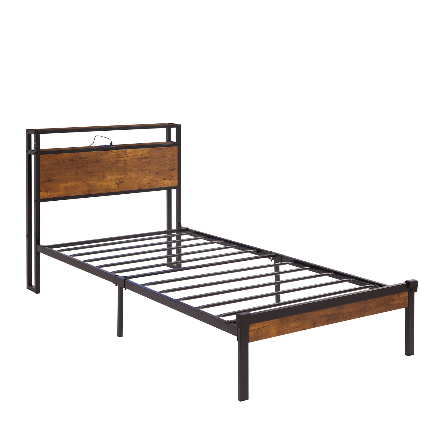 Twin metal bed frame with woodlook headboard and USB charging