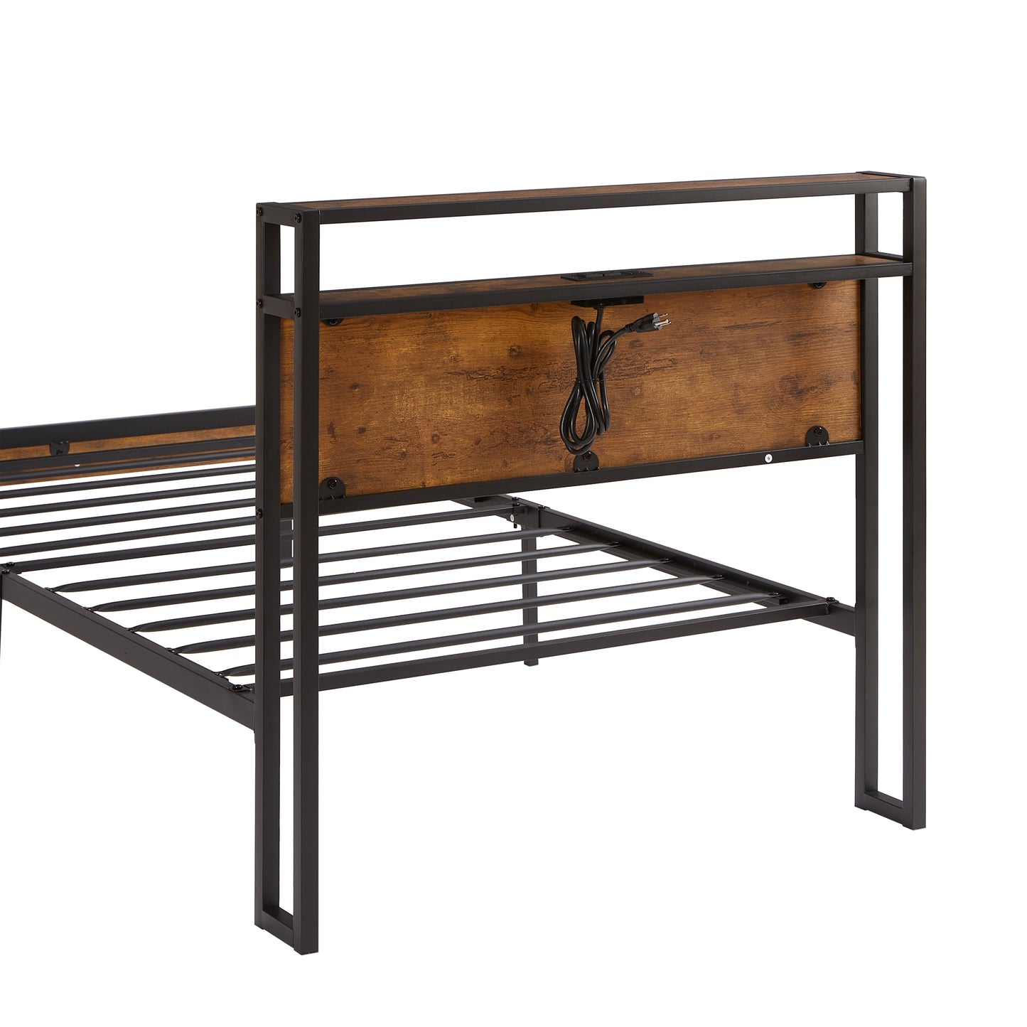 Rustic wood and black metal platform bed frame with integrated charging station