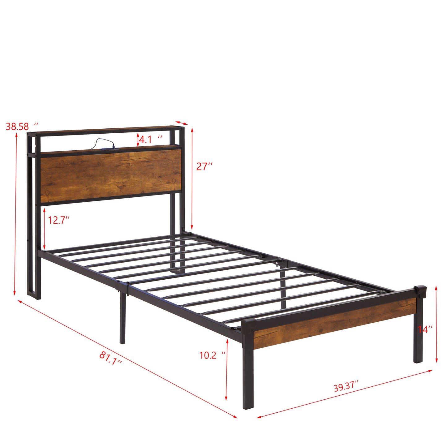 Metal platform bed frame with wood headboard and builtin USB charger