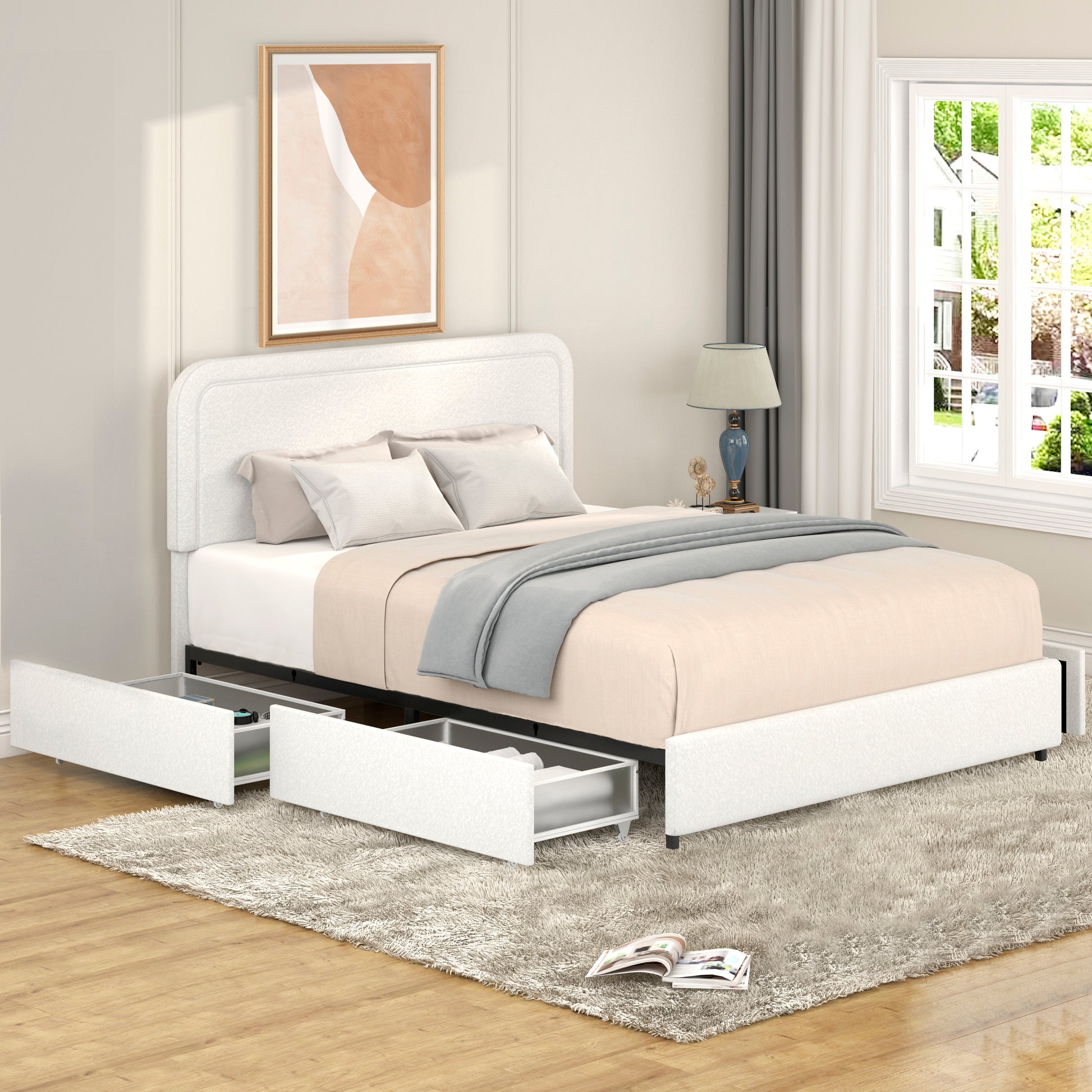 White upholstered queen bed frame with storage drawers