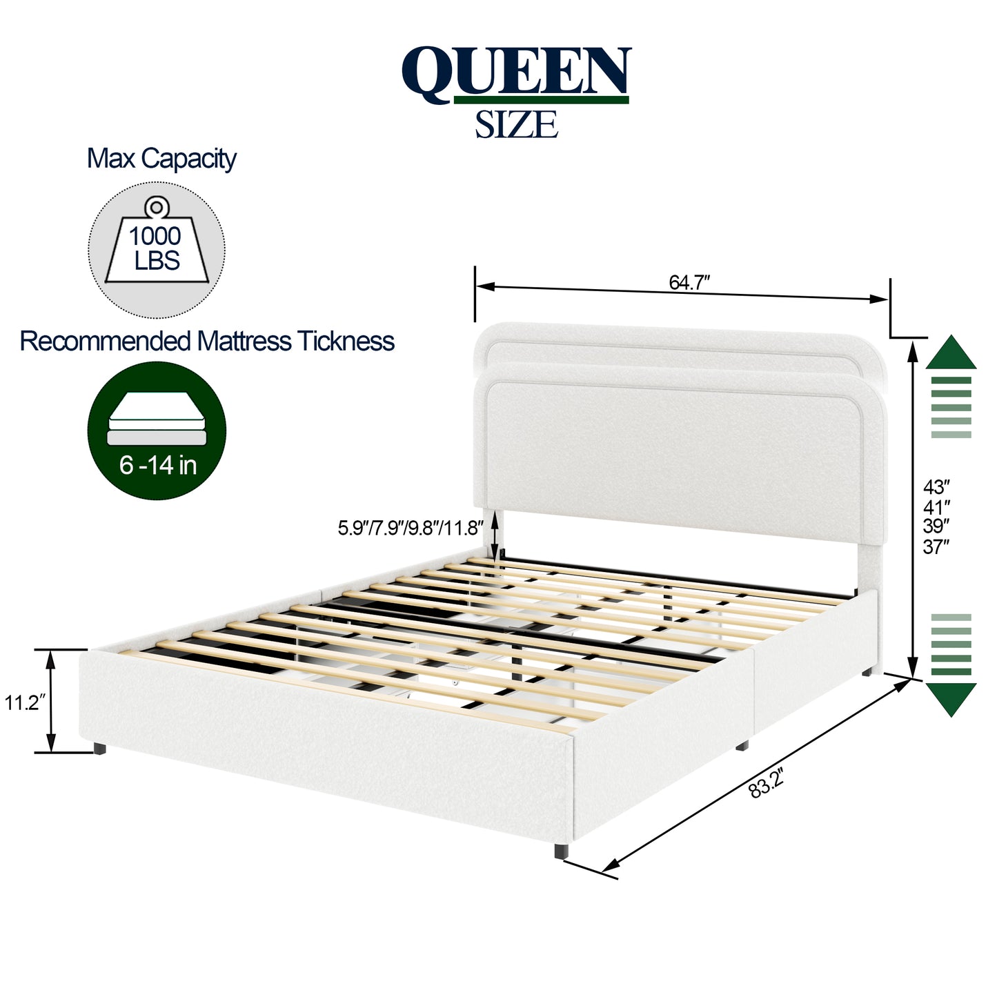 White fabric queen size bed frame with upholstered headboard