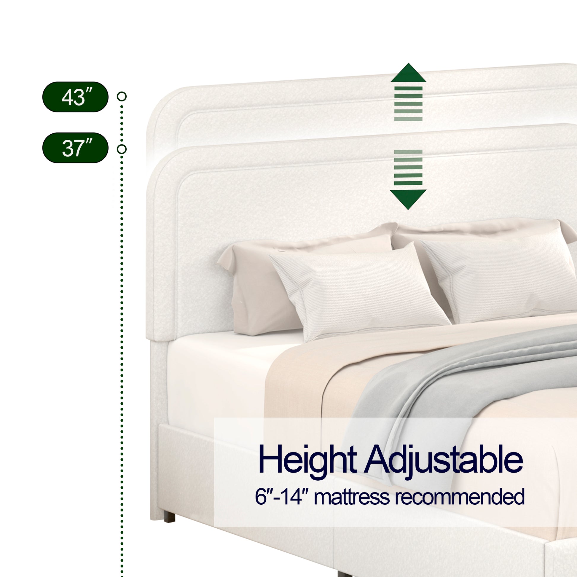White upholstered bed frame with adjustable height feature