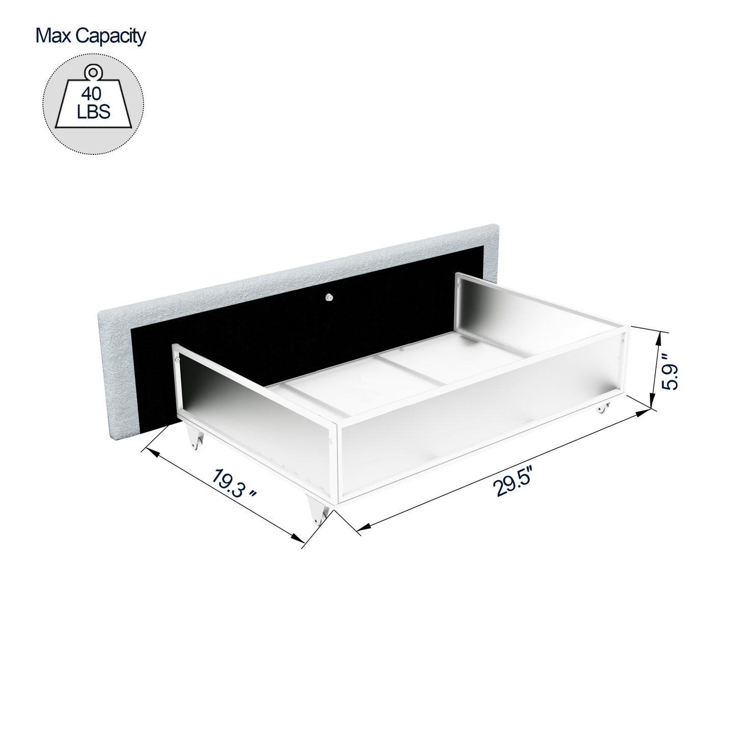 White metal drawer with fabric headboard attachment and lb capacity