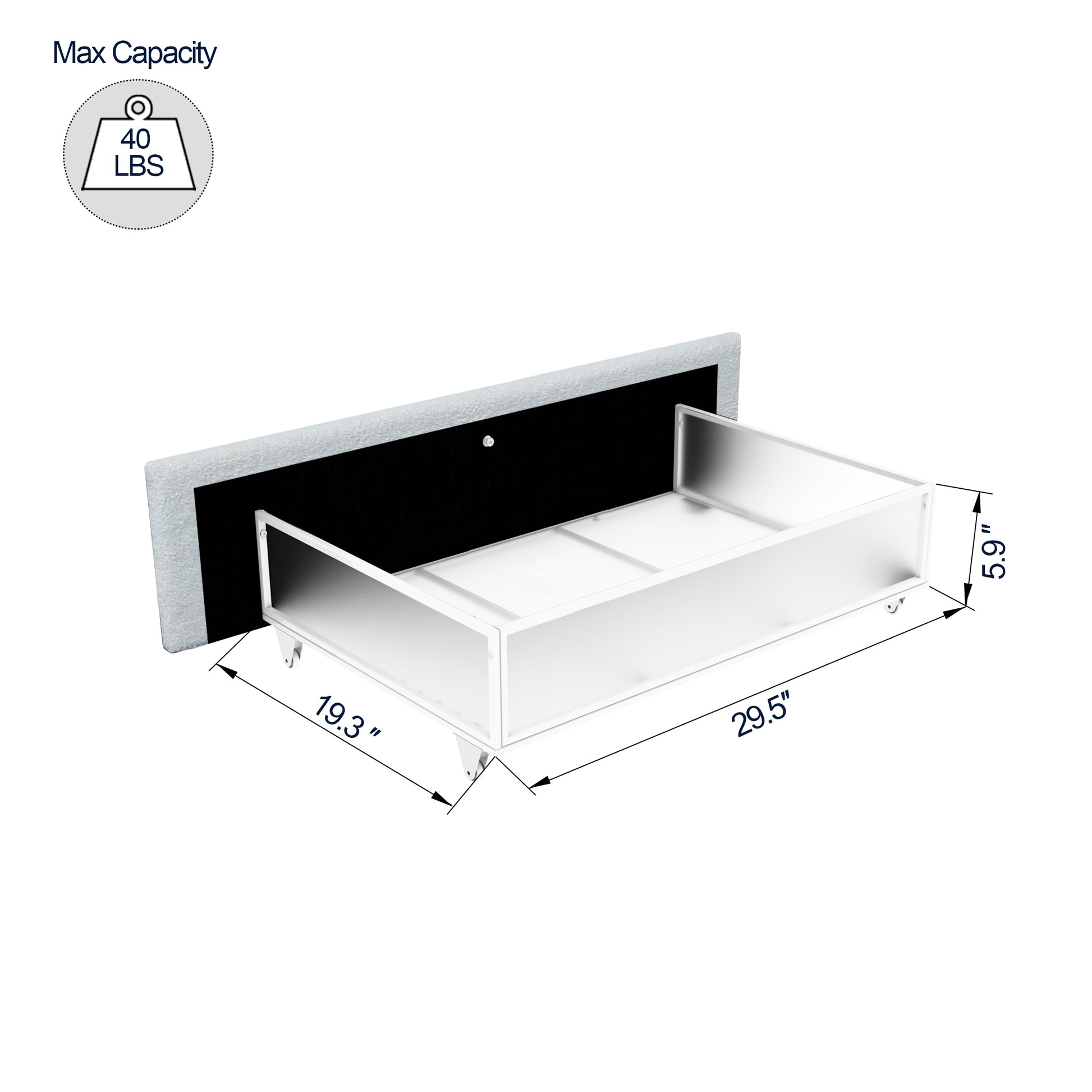 White metal drawer with fabric headboard attachment and lb capacity