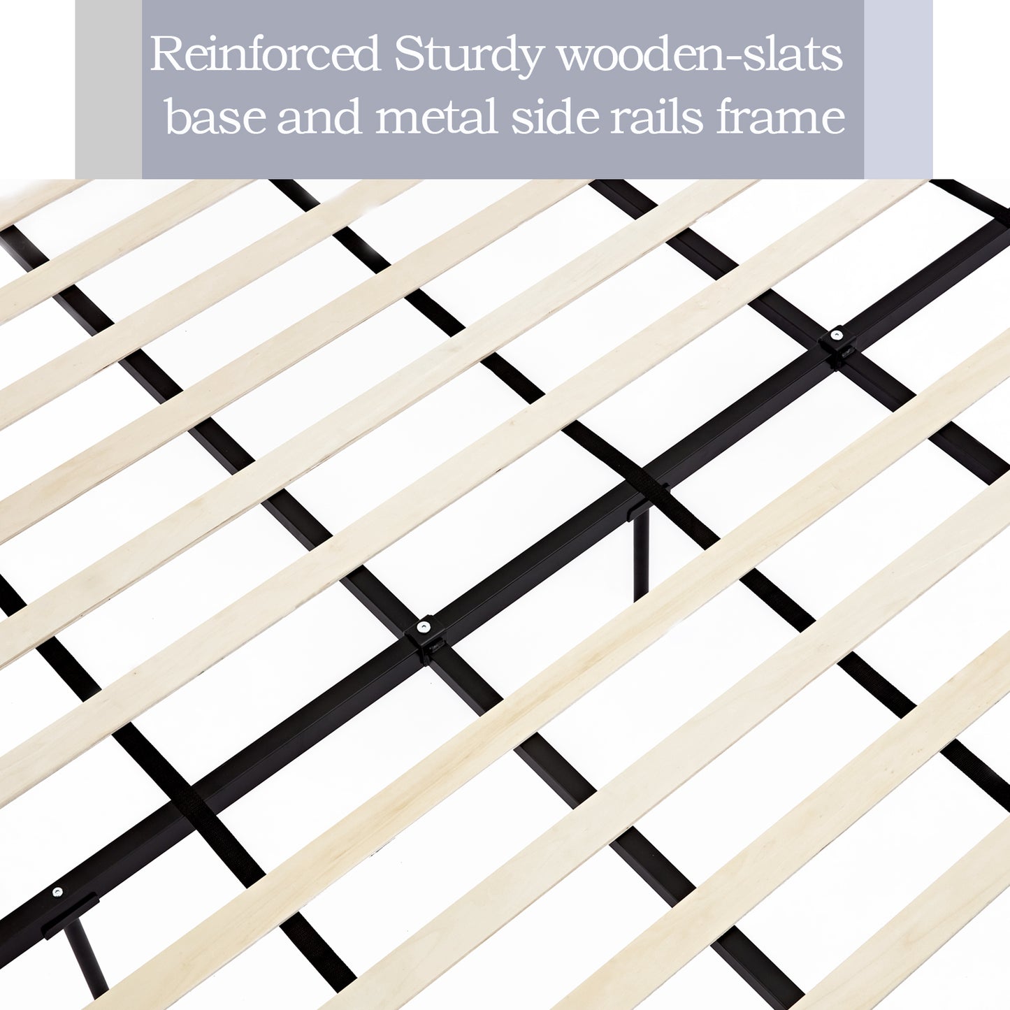 Sturdy wooden slats on a black metal bed frame base