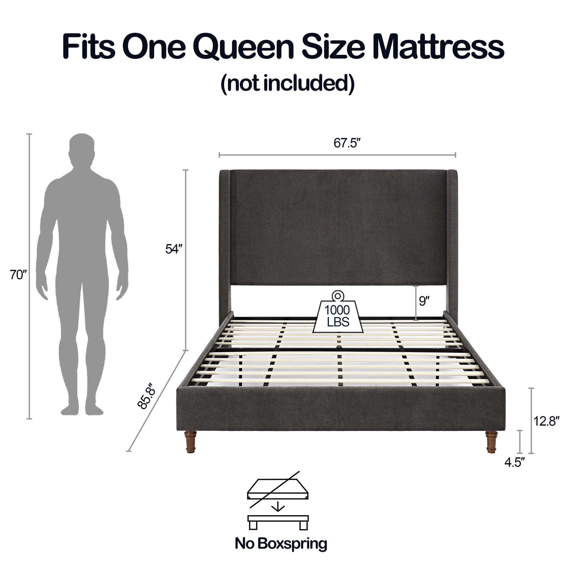 Dark gray upholstered queen bed frame with wingback headboard and wooden legs