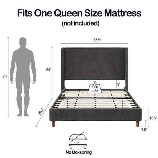 Dark gray upholstered queen bed frame with wingback headboard and wooden legs