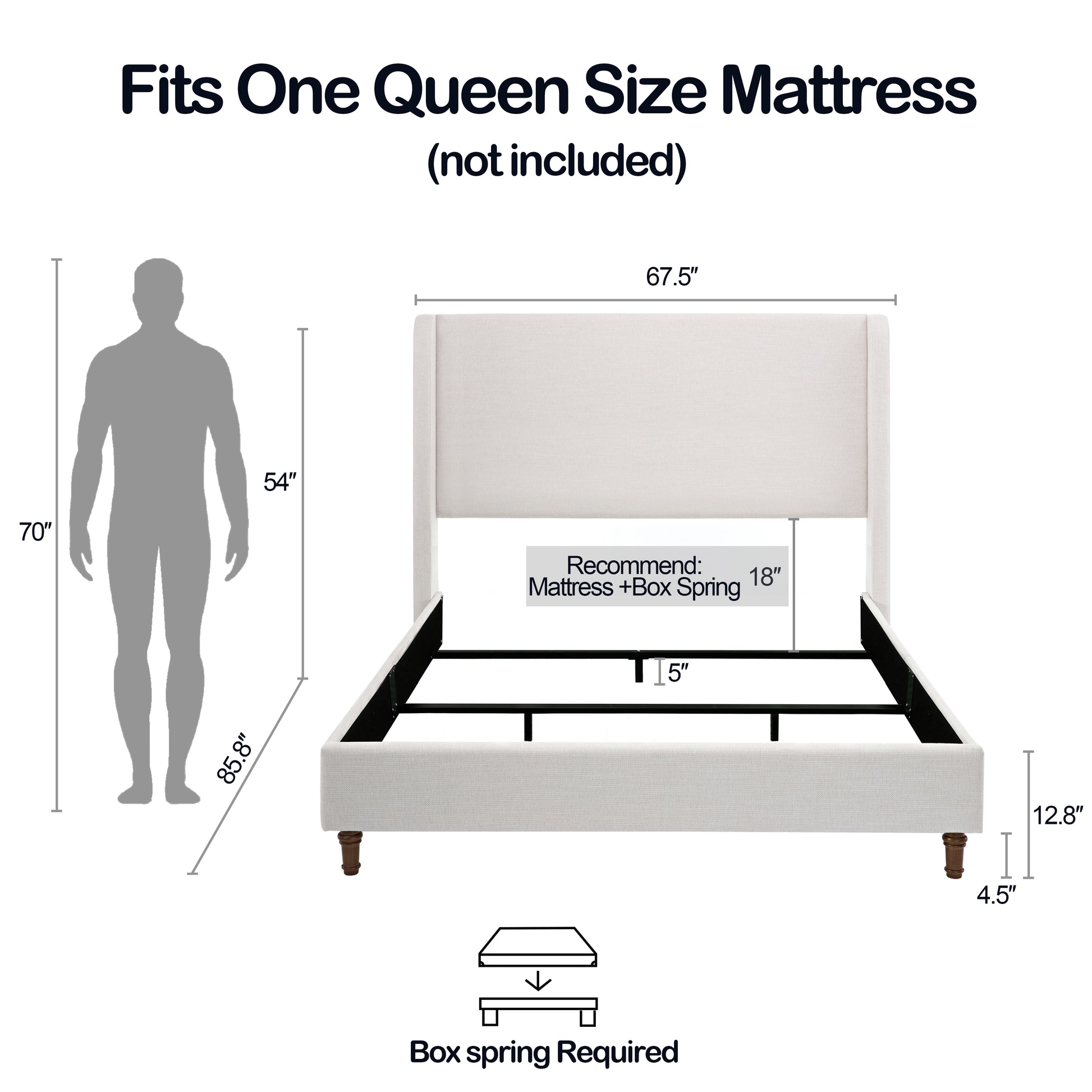 Diagram showing a king size platform bed frame light beige upholstered headboard wooden legs and dimensions