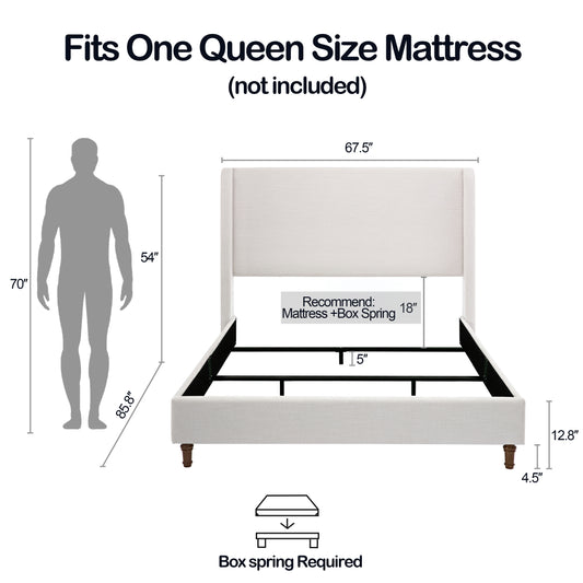 Diagram showing a king size platform bed frame light beige upholstered headboard wooden legs and dimensions