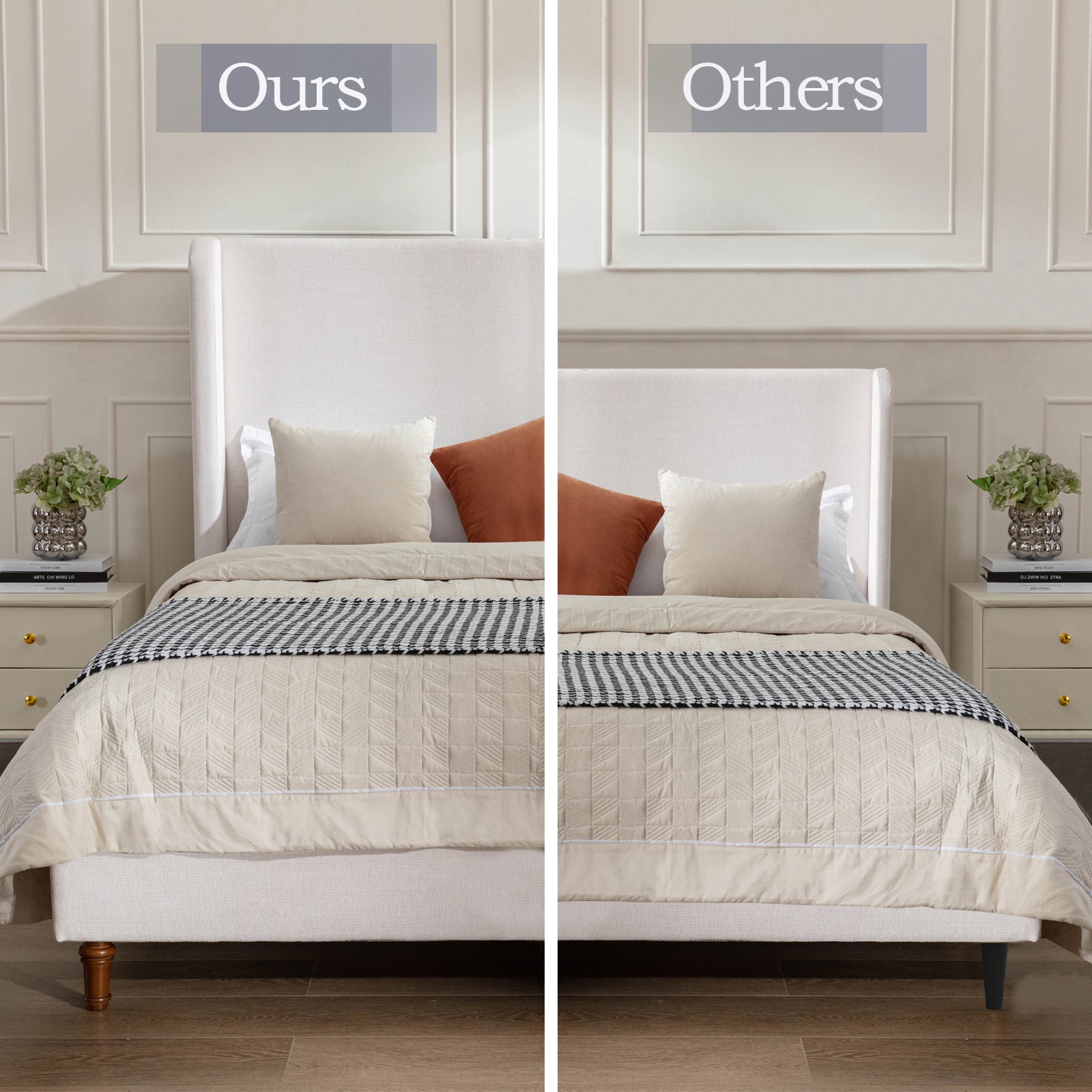 Cream upholstered wingback bed with contrast brown wooden legs