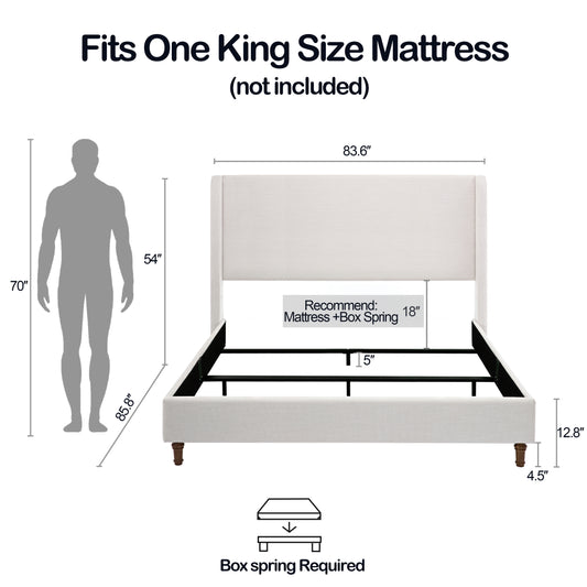 Offwhite upholstered king size bed frame with dark wood legs  wide