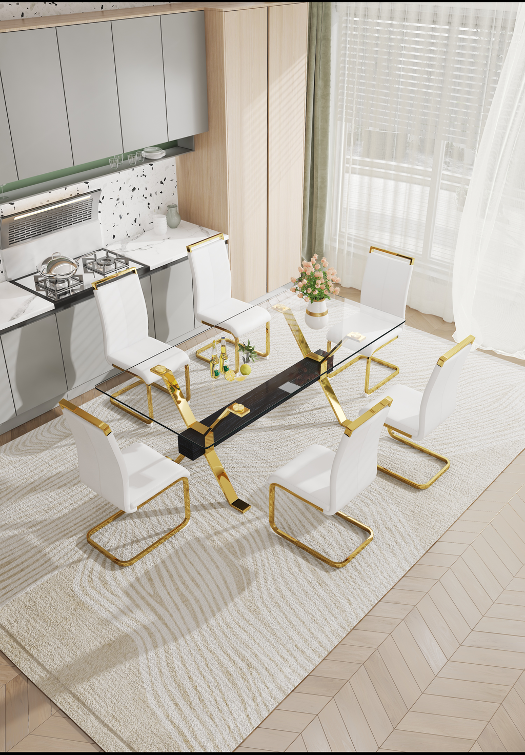 Modern white dining chairs with gold accents around a glass table