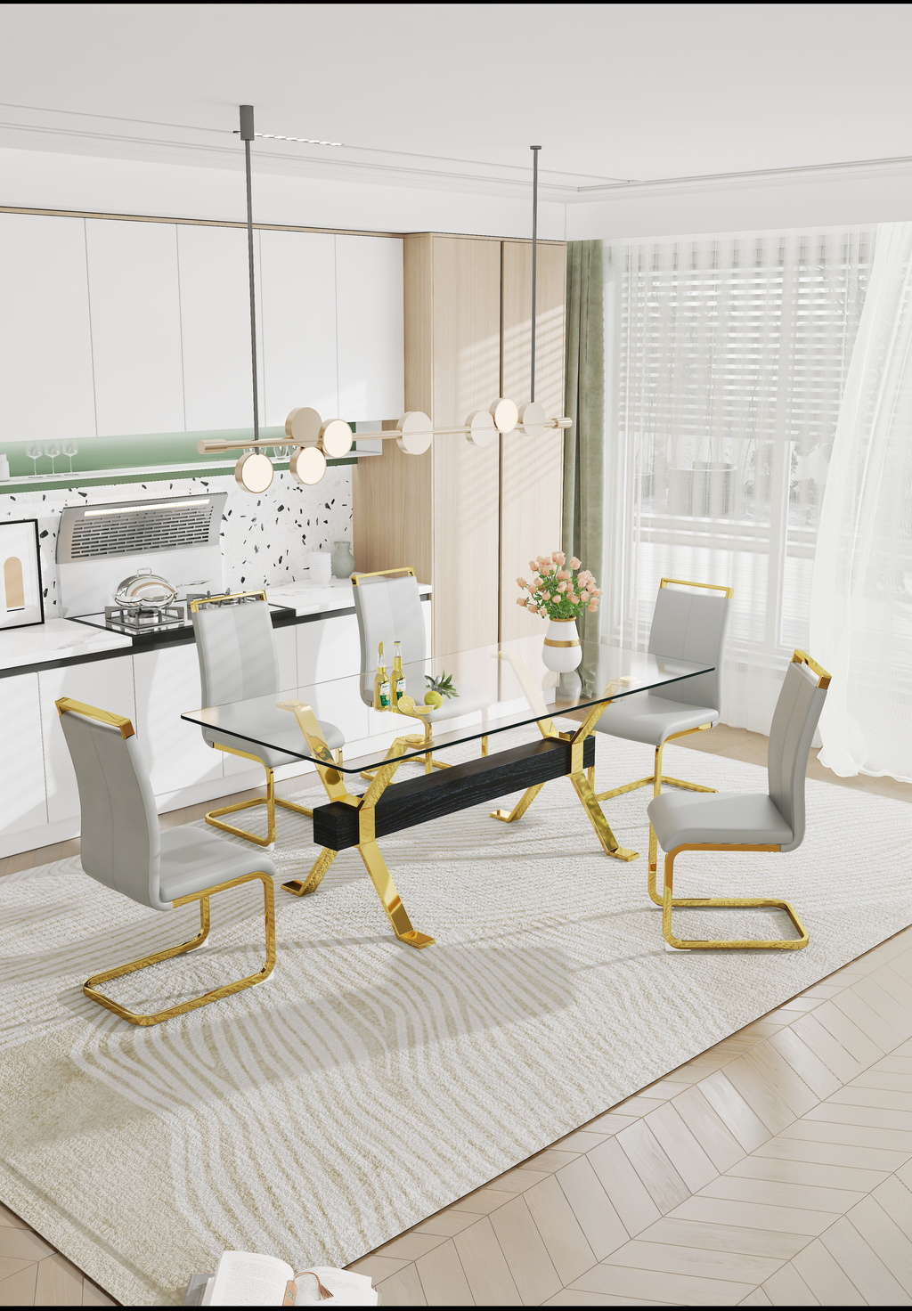 Glass top dining table with gold legs and grey chairs