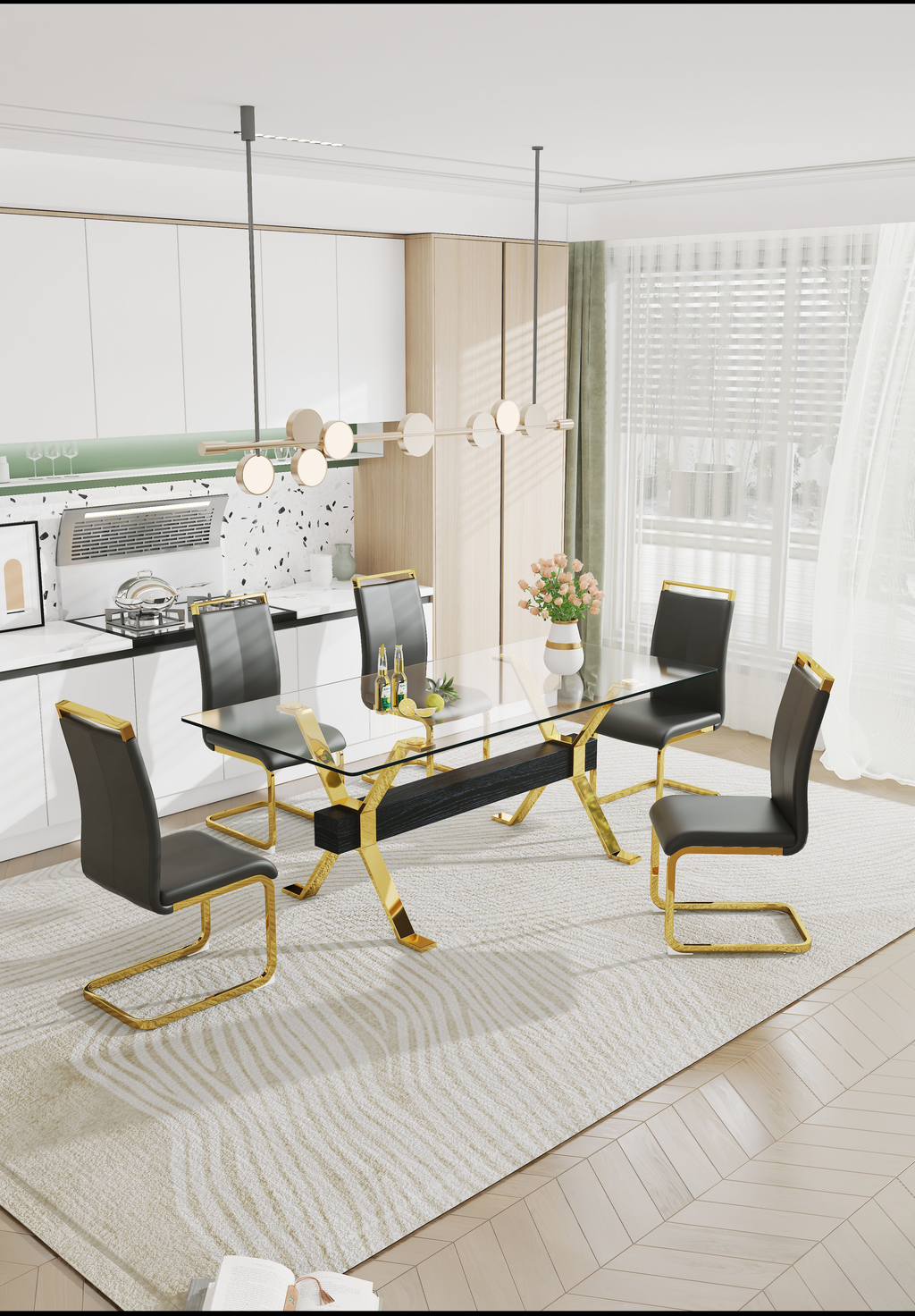 Glass dining table with black wood and gold base