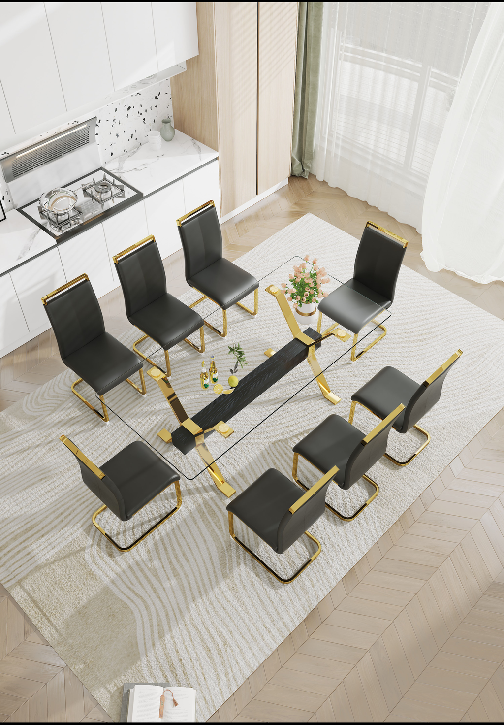Modern black leather dining chairs with gold frame
