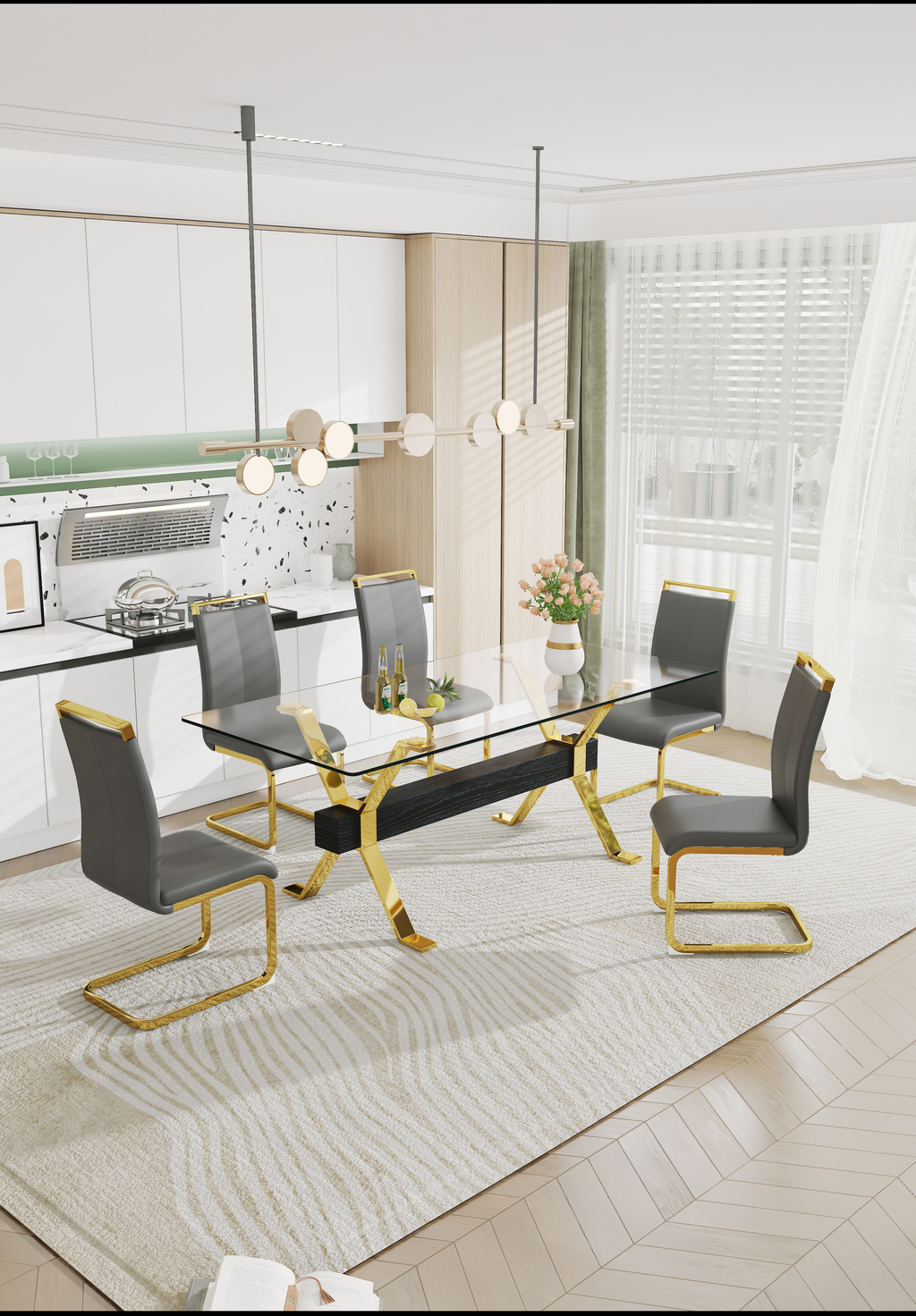 Glass dining table with gold legs and gray upholstered chairs