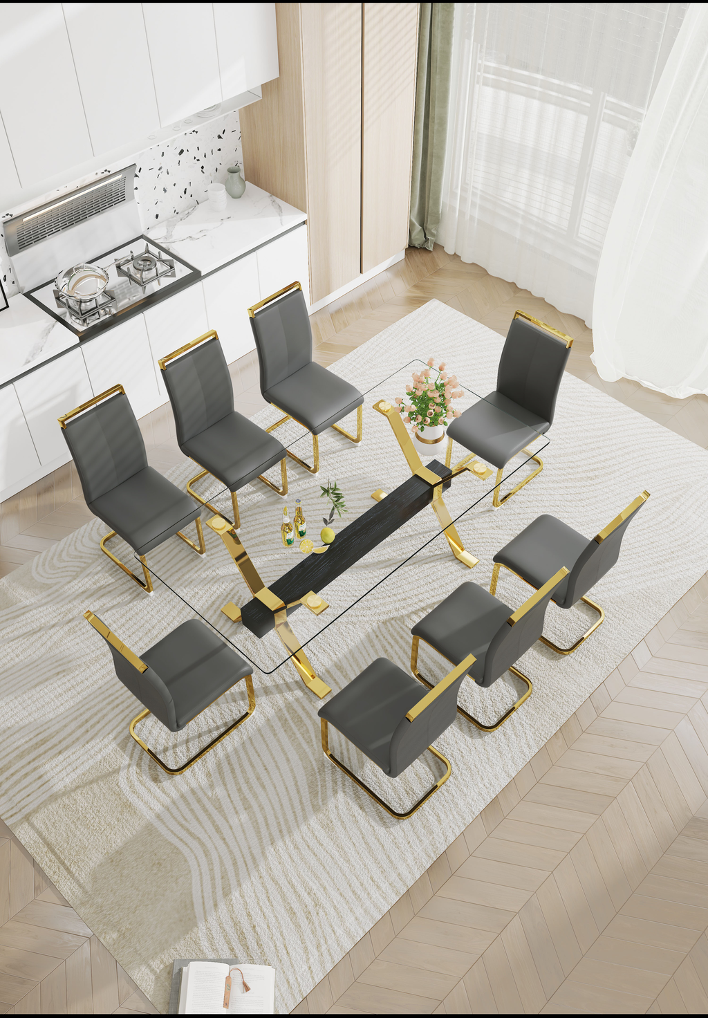 Modern glass dining table with gold base and grey upholstered chairs