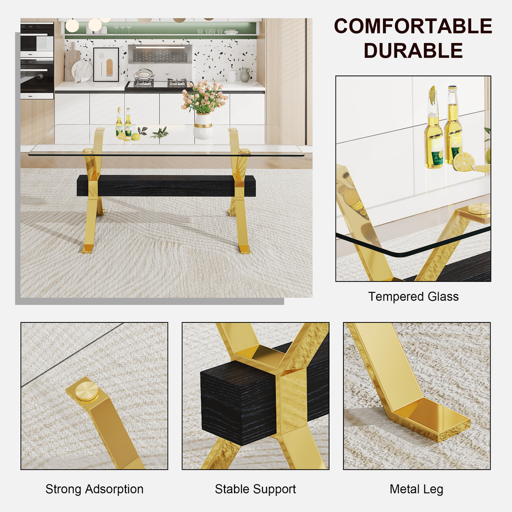 Modern tempered glass dining table with gold metal legs and black wood inlay