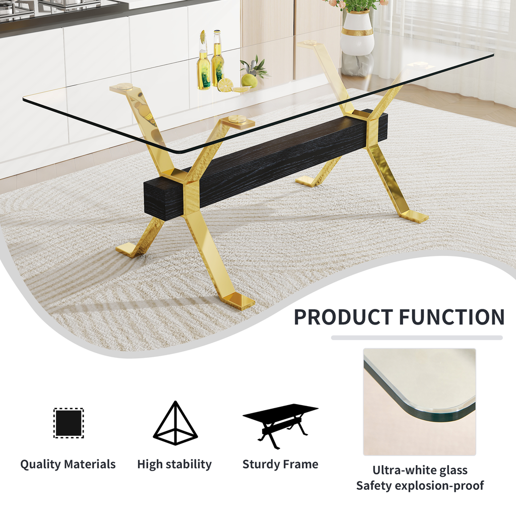 Modern glass coffee table with gold legs and black wood support