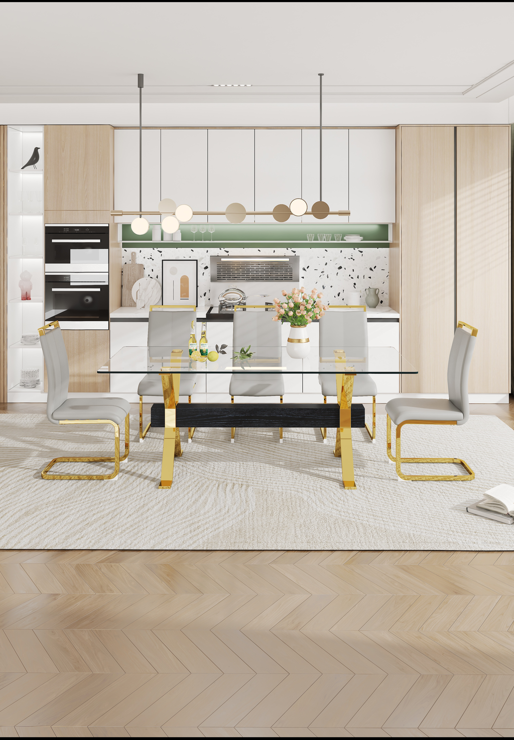 Glass dining table with gold legs and grey upholstered chairs